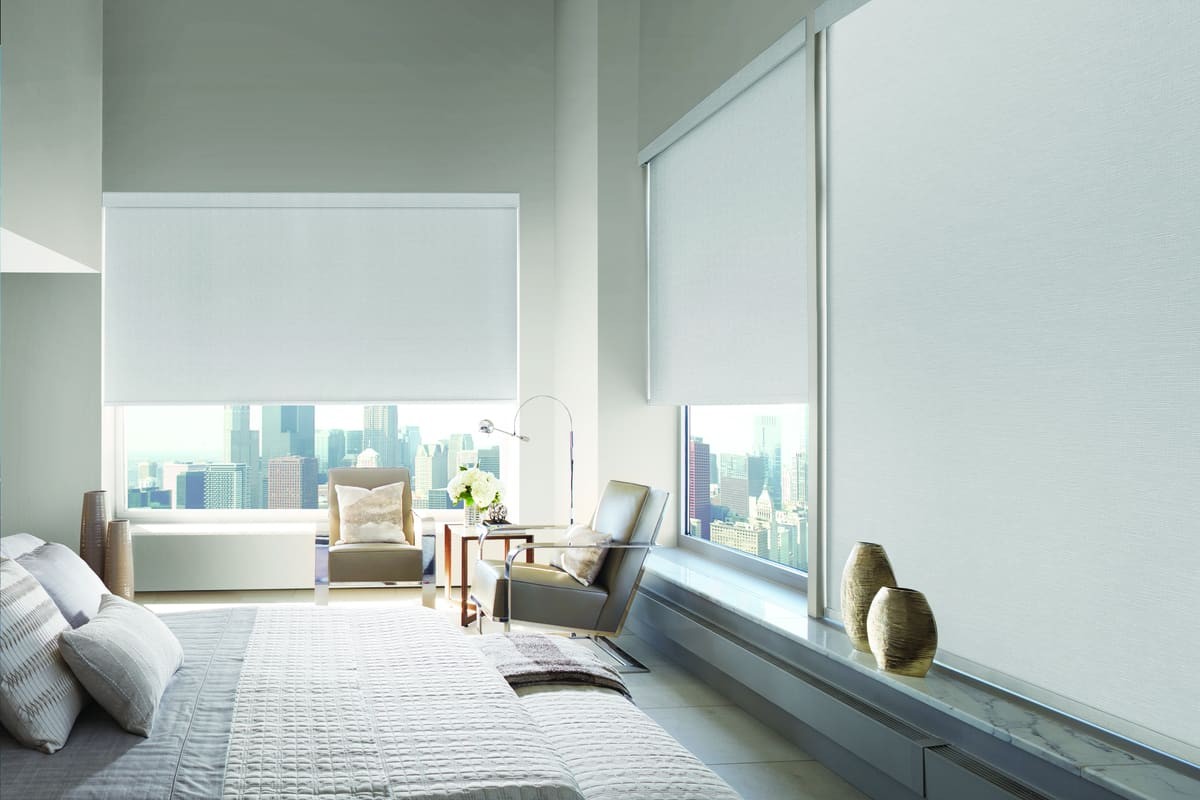 Designer Roller Shades near Tallahassee, Florida (FL), commercial window treatments, large windows, fabric variety.